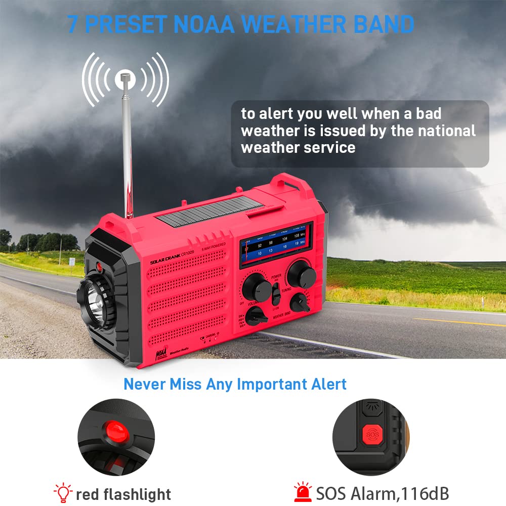 Emergency Radio with NOAA Weather Alert, Portable Solar Hand Crank AM/FM Radio for Survival,Rechargeable Battery Powered Radio,USB Charger,Flashlight,Reading Lamp,for Home Outdoor
