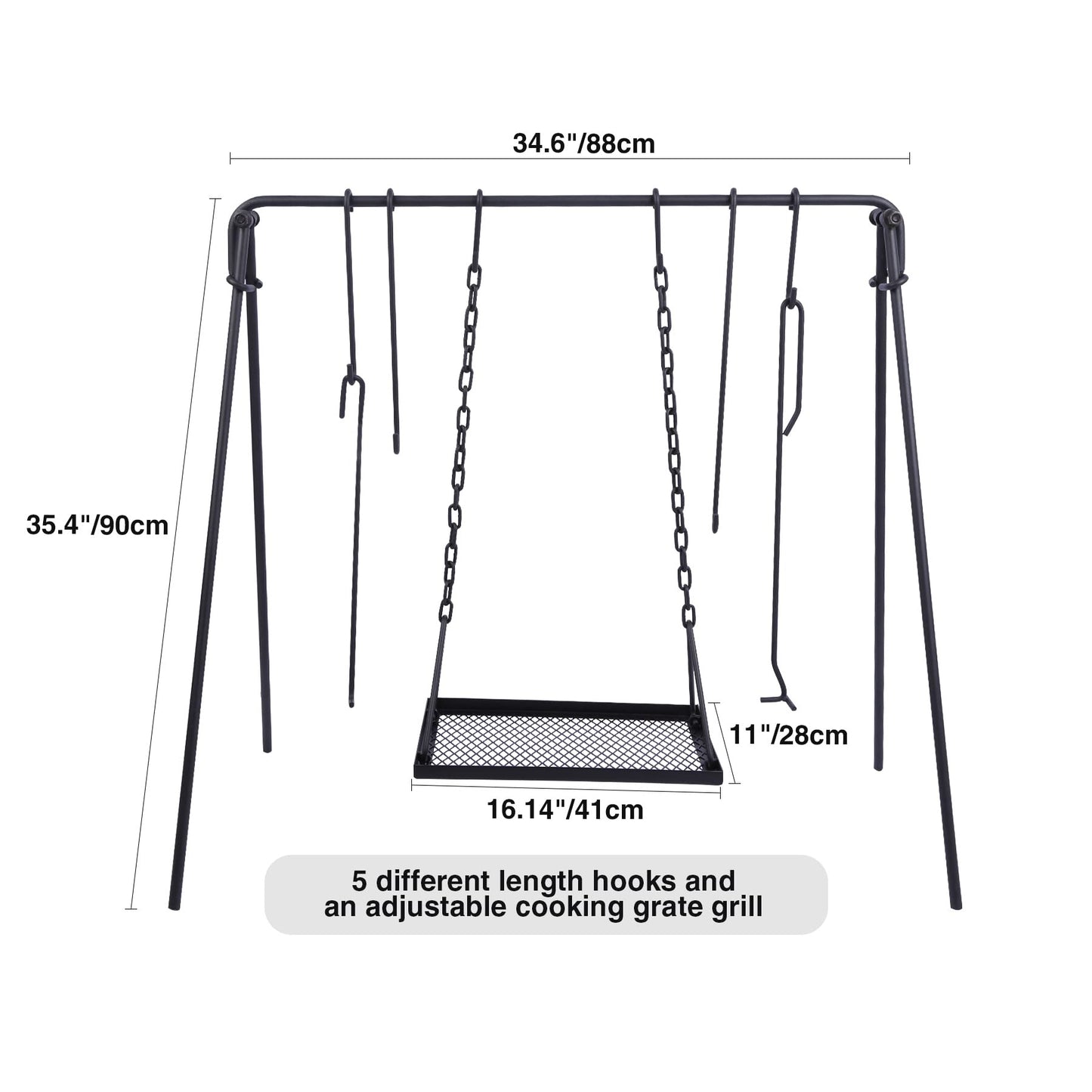 REDCAMP Grill Swing Campfire Grill Stand with Iron Grill Grate, Collapsible Campfire Cooking Rack w/6 Hooks,Portable Cookware Hanging Rack Outdoor Camping Bonfire for Cookware & Dutch Oven,Rectangle