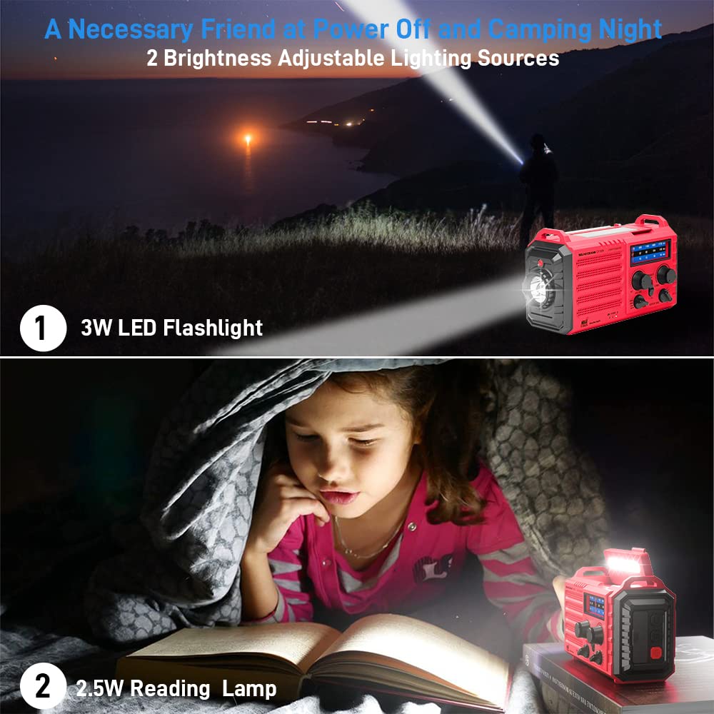 Emergency Radio with NOAA Weather Alert, Portable Solar Hand Crank AM/FM Radio for Survival,Rechargeable Battery Powered Radio,USB Charger,Flashlight,Reading Lamp,for Home Outdoor