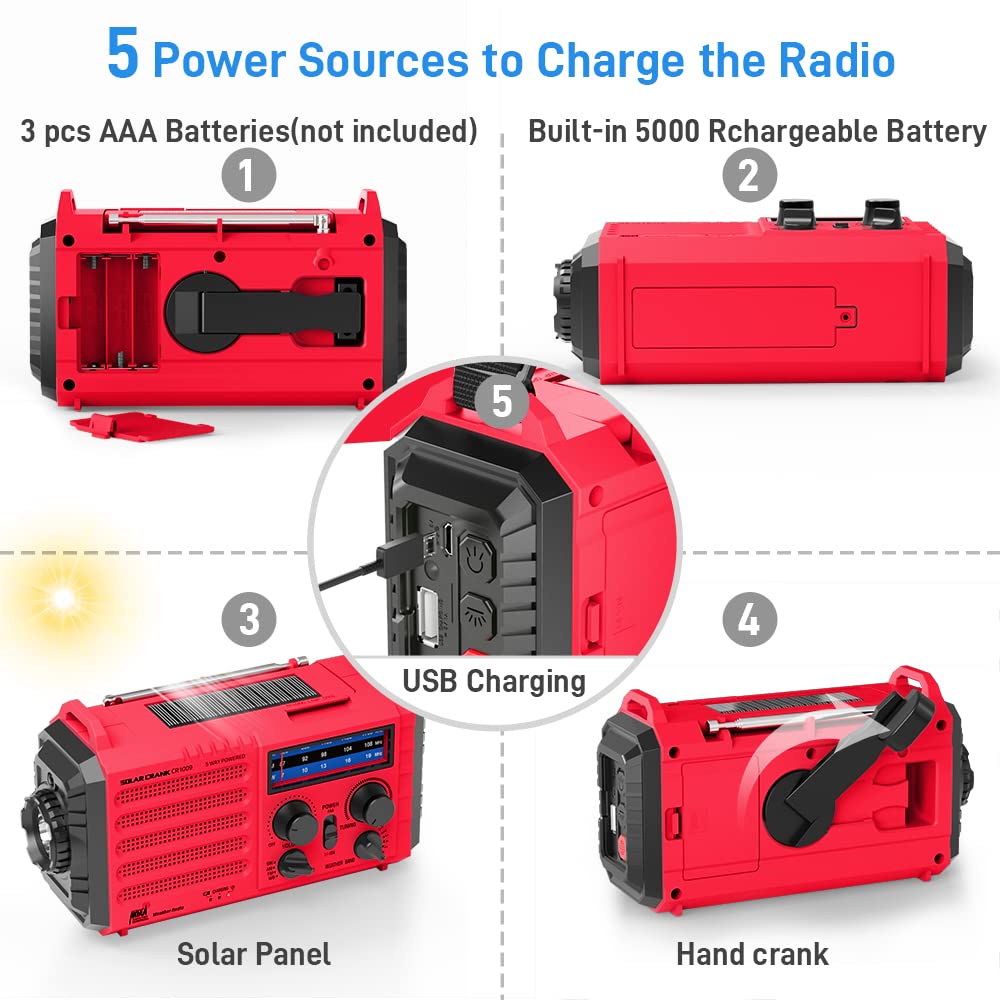 Emergency Radio with NOAA Weather Alert, Portable Solar Hand Crank AM/FM Radio for Survival,Rechargeable Battery Powered Radio,USB Charger,Flashlight,Reading Lamp,for Home Outdoor