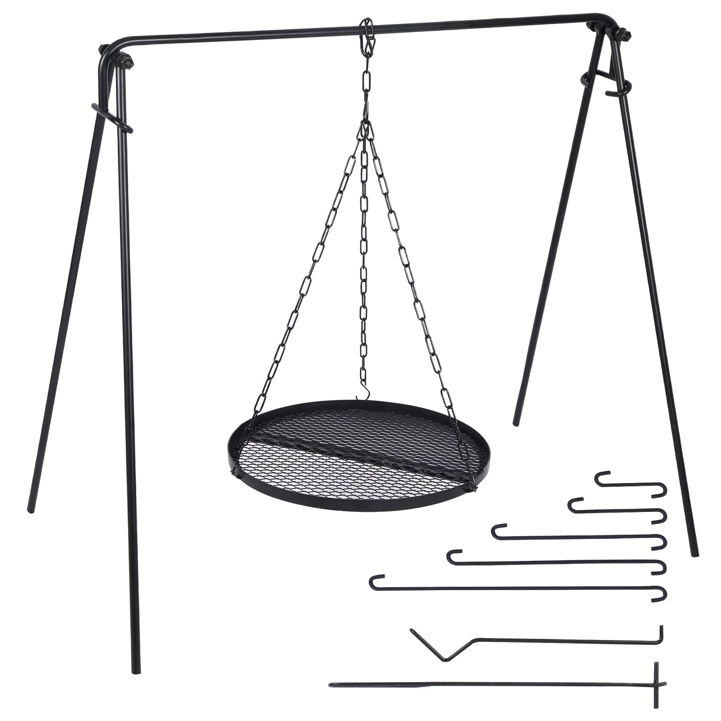 REDCAMP Grill Swing Campfire Grill Stand with Iron Grill Grate, Collapsible Campfire Cooking Rack w/6 Hooks,Portable Cookware Hanging Rack Outdoor Camping Bonfire for Cookware & Dutch Oven,Rectangle