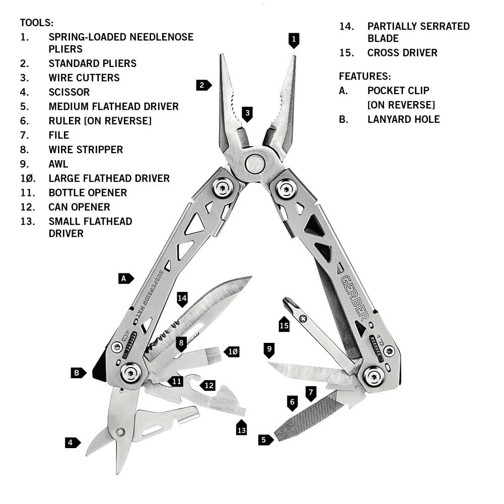 Gerber Gear Suspension-NXT 15-in-1 EDC Multi tool with Pocket Knife, Needle Nose Pliers and Wire Stripper Tools, Gifts for Men, Survival and Camping Gear, Stainless Steel