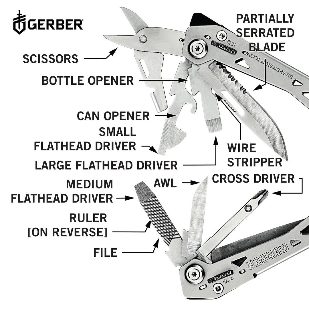 Gerber Gear Suspension-NXT 15-in-1 EDC Multi tool with Pocket Knife, Needle Nose Pliers and Wire Stripper Tools, Gifts for Men, Survival and Camping Gear, Stainless Steel