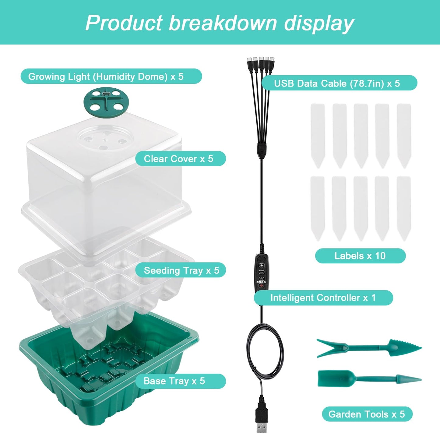 Seed Starter Tray with Grow Light, Seed Starter Kit, Plant Germination Starting Trays with Humidity Dome and Base for Greenhouse Grow Wheatgrass Hydroponic(12 Cells per Tray)(with Grow Lights)
