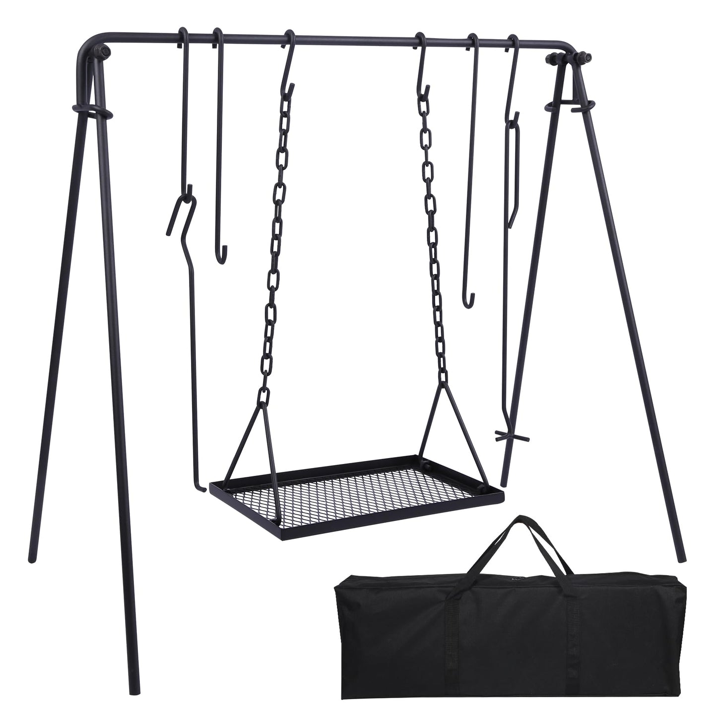 REDCAMP Grill Swing Campfire Grill Stand with Iron Grill Grate, Collapsible Campfire Cooking Rack w/6 Hooks,Portable Cookware Hanging Rack Outdoor Camping Bonfire for Cookware & Dutch Oven,Rectangle