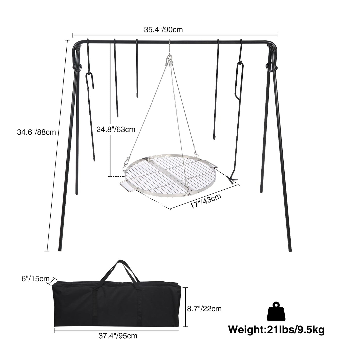 REDCAMP Grill Swing Campfire Grill Stand with Iron Grill Grate, Collapsible Campfire Cooking Rack w/6 Hooks,Portable Cookware Hanging Rack Outdoor Camping Bonfire for Cookware & Dutch Oven,Rectangle