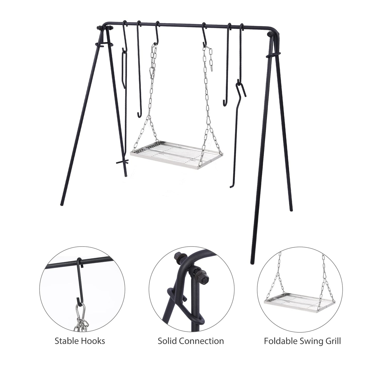 REDCAMP Grill Swing Campfire Grill Stand with Iron Grill Grate, Collapsible Campfire Cooking Rack w/6 Hooks,Portable Cookware Hanging Rack Outdoor Camping Bonfire for Cookware & Dutch Oven,Rectangle