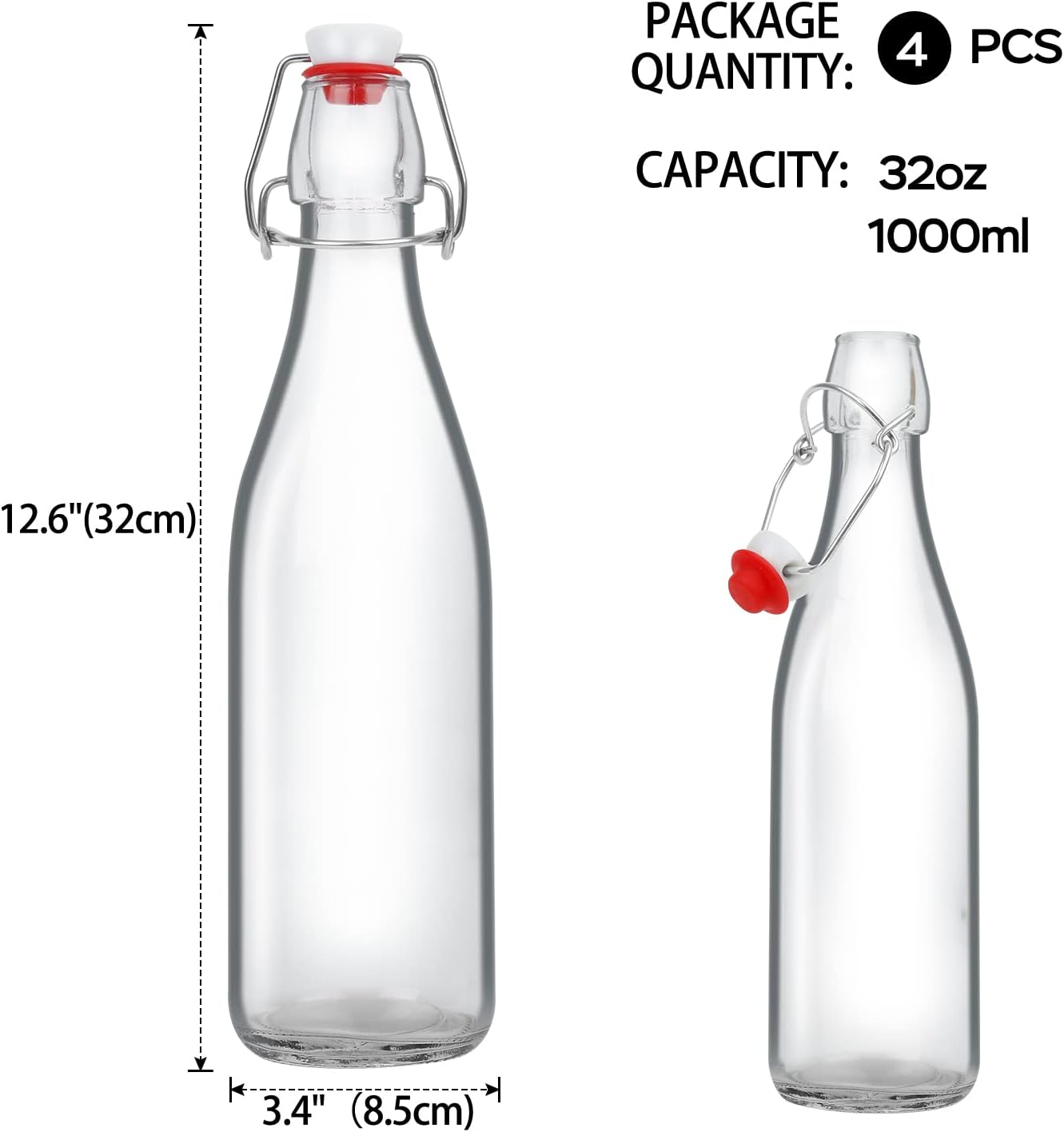 32oz Beer Bottle,Swing Top Glass Kombucha Bottles with Stoppers for Brewing, Beverages, Smoothies, Kefir, Beer, Soda, Juicing, Kombucha, Oil, Water, Milk, Vinegar(4 Pack)
