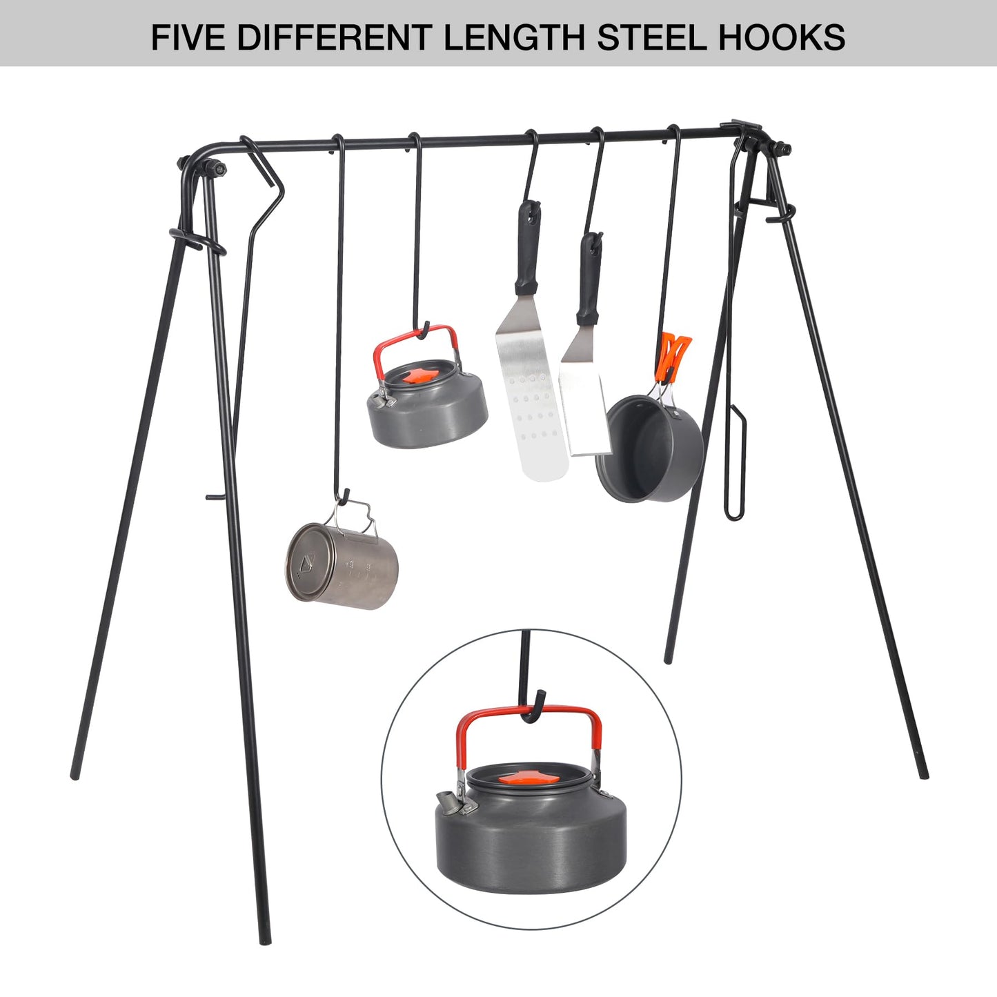 REDCAMP Grill Swing Campfire Grill Stand with Iron Grill Grate, Collapsible Campfire Cooking Rack w/6 Hooks,Portable Cookware Hanging Rack Outdoor Camping Bonfire for Cookware & Dutch Oven,Rectangle
