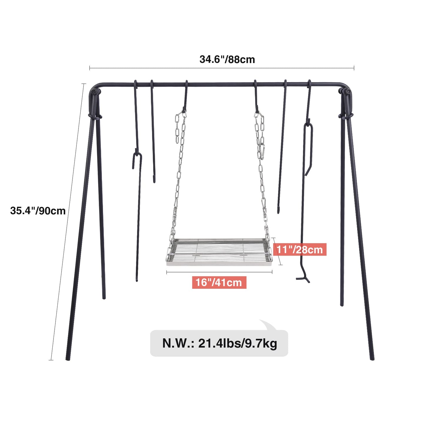 REDCAMP Grill Swing Campfire Grill Stand with Iron Grill Grate, Collapsible Campfire Cooking Rack w/6 Hooks,Portable Cookware Hanging Rack Outdoor Camping Bonfire for Cookware & Dutch Oven,Rectangle