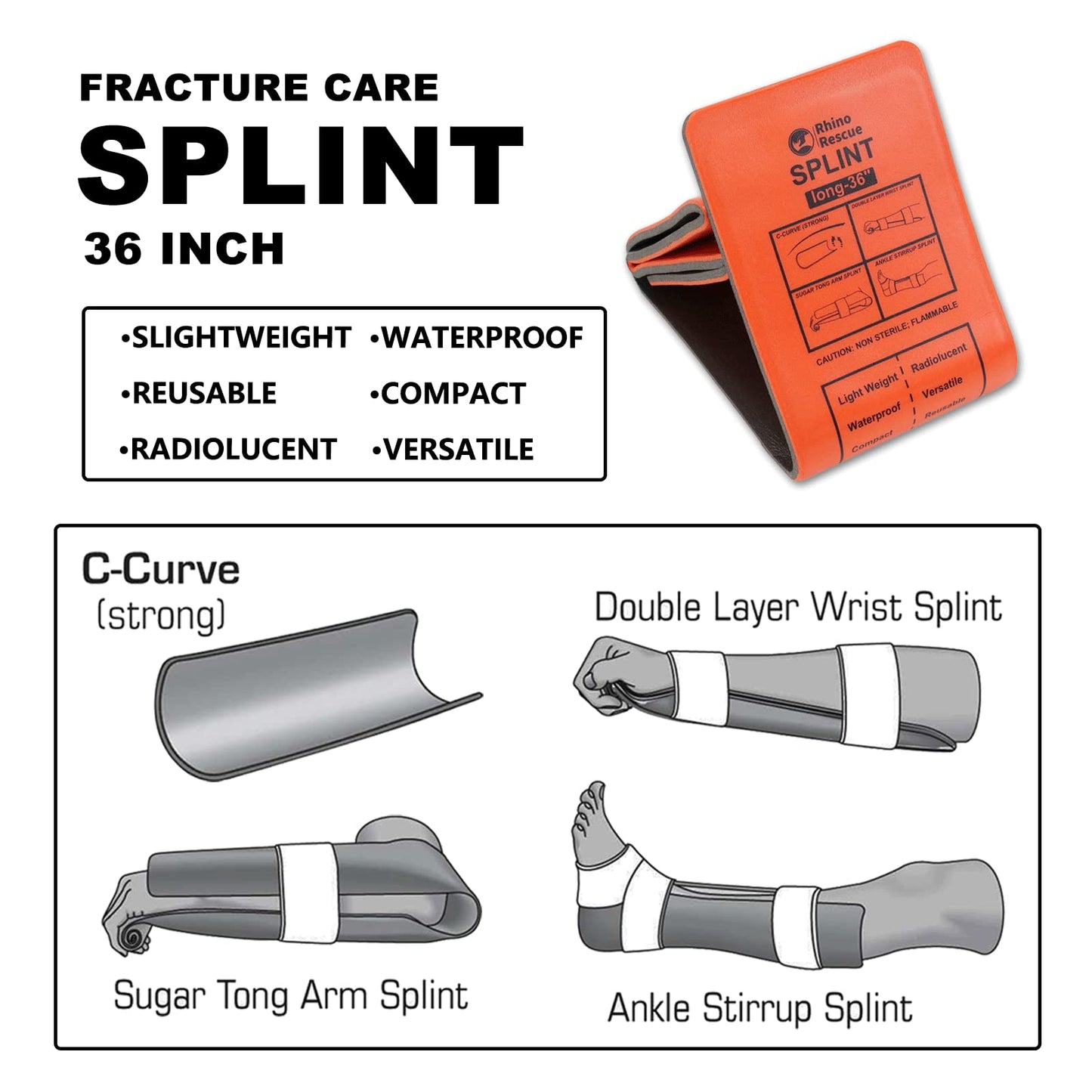 RHINO RESCUE First Aid Splint 36" X 4.3" Orange-Gray, Keep Bones in Position (1, Folded)