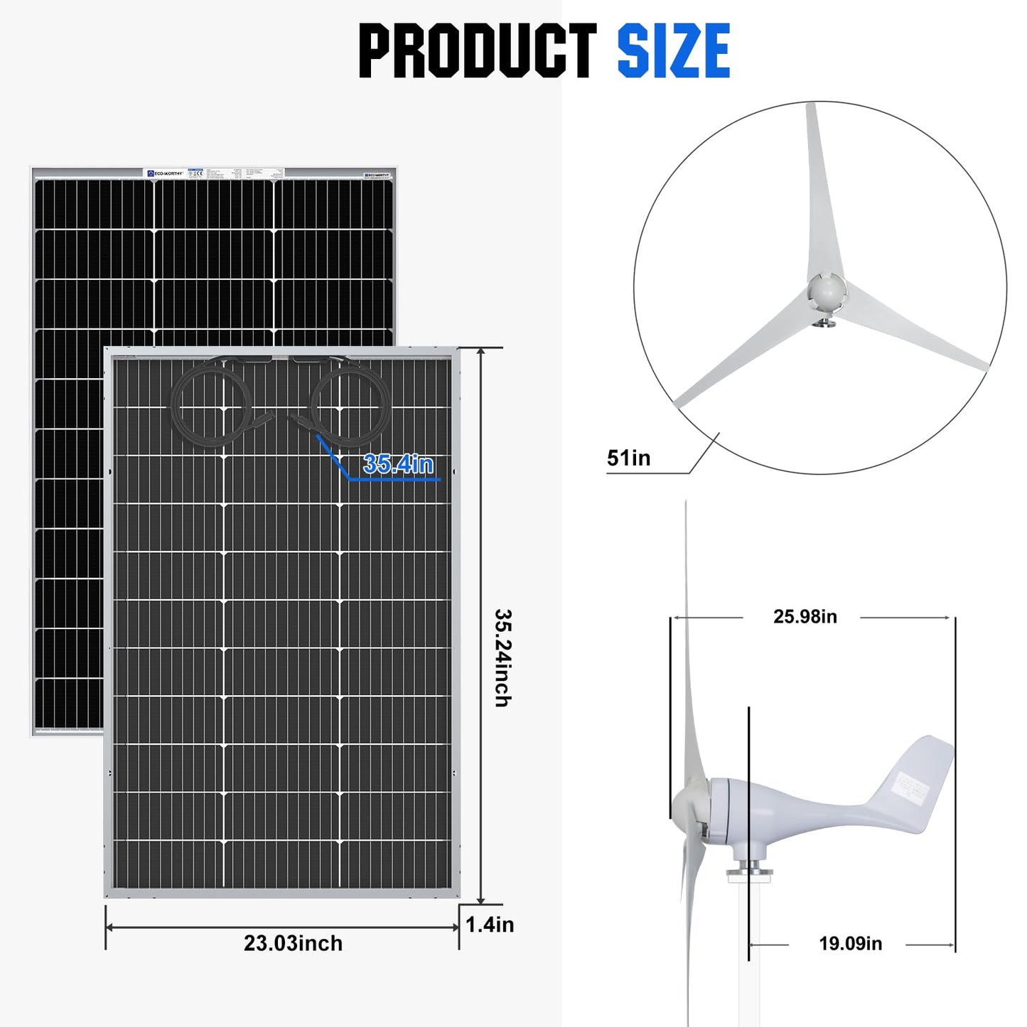 ECO-WORTHY 1000W 4KWH Solar Wind Power Kit: 1*400W Wind Turbine + 6*100W Solar Panel + 2*12V 100Ah Lithium Battery + 1*24V 3000W Inverter for Home/RV/Boat/Farm/Street Light and Off-Grid Appliances