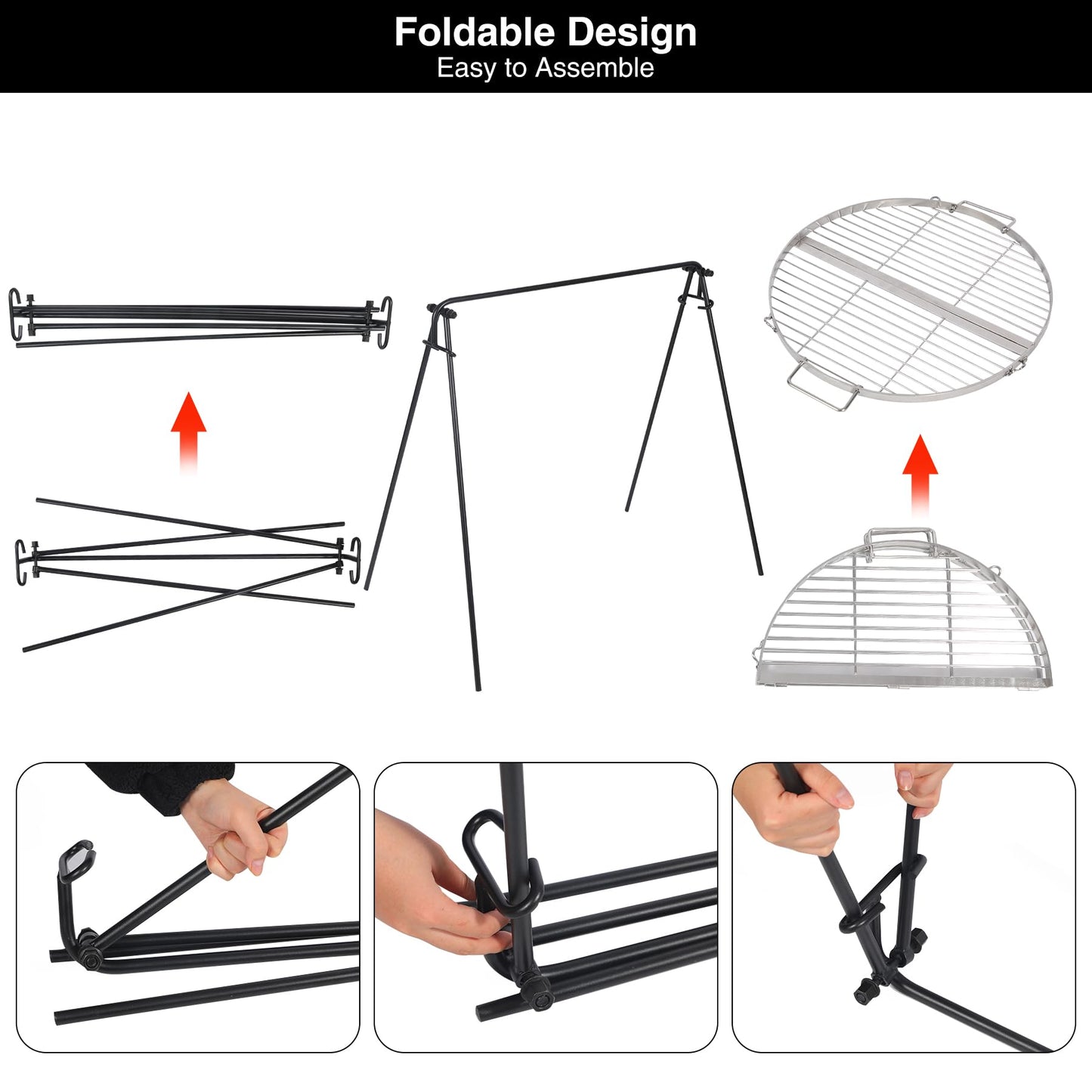 REDCAMP Grill Swing Campfire Grill Stand with Iron Grill Grate, Collapsible Campfire Cooking Rack w/6 Hooks,Portable Cookware Hanging Rack Outdoor Camping Bonfire for Cookware & Dutch Oven,Rectangle