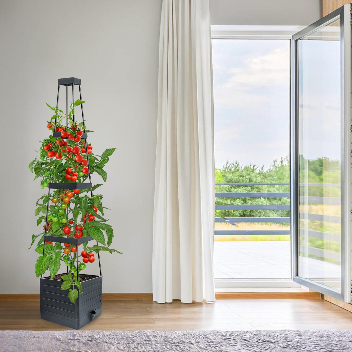 Raised Garden Bed Planter Box with Trellis, 58” Tomato Cage Planter Raised Garden Bed with Trellis for Climbing Vegetables Plants Tomato Cage w/Self-Watering, Indoor Outdoor Use (2)