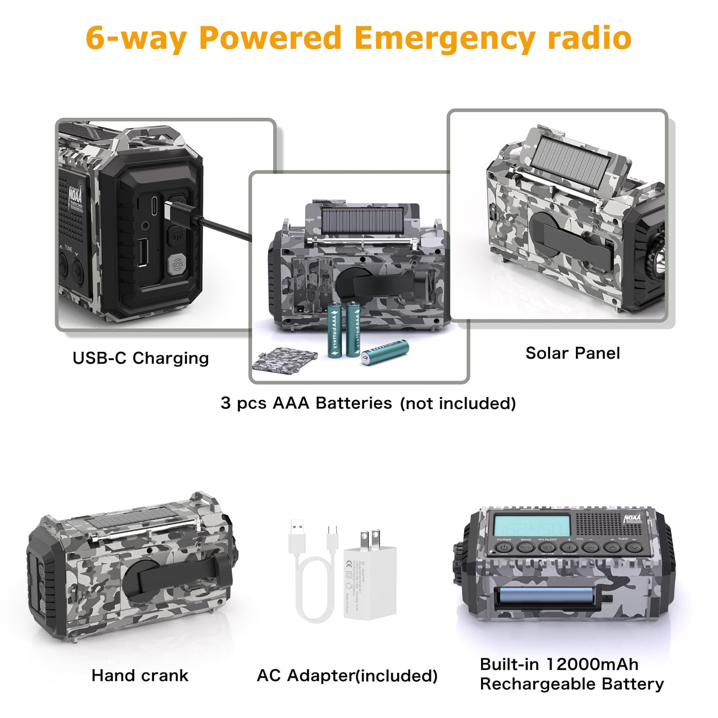 Emergency Radio with NOAA Weather Alert, Portable Solar Hand Crank AM/FM Radio for Survival,Rechargeable Battery Powered Radio,USB Charger,Flashlight,Reading Lamp,for Home Outdoor