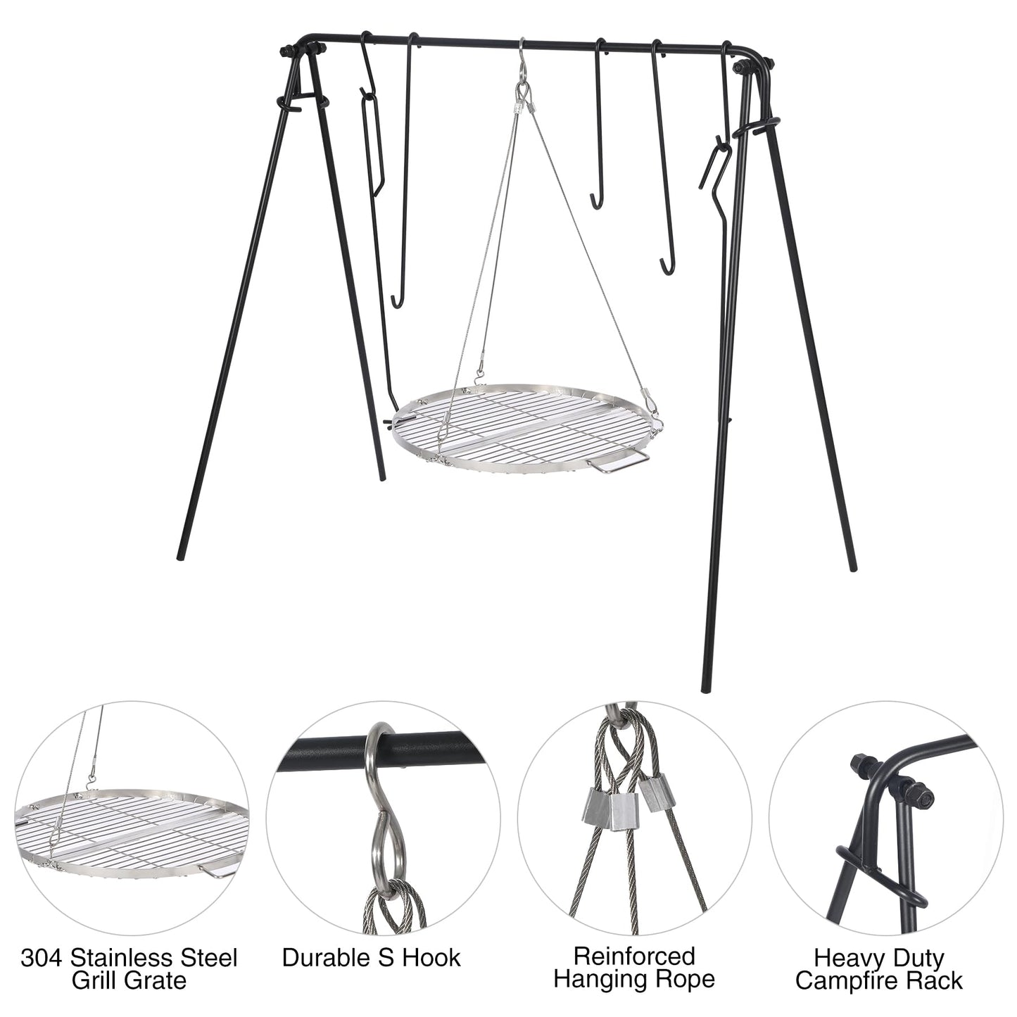 REDCAMP Grill Swing Campfire Grill Stand with Iron Grill Grate, Collapsible Campfire Cooking Rack w/6 Hooks,Portable Cookware Hanging Rack Outdoor Camping Bonfire for Cookware & Dutch Oven,Rectangle