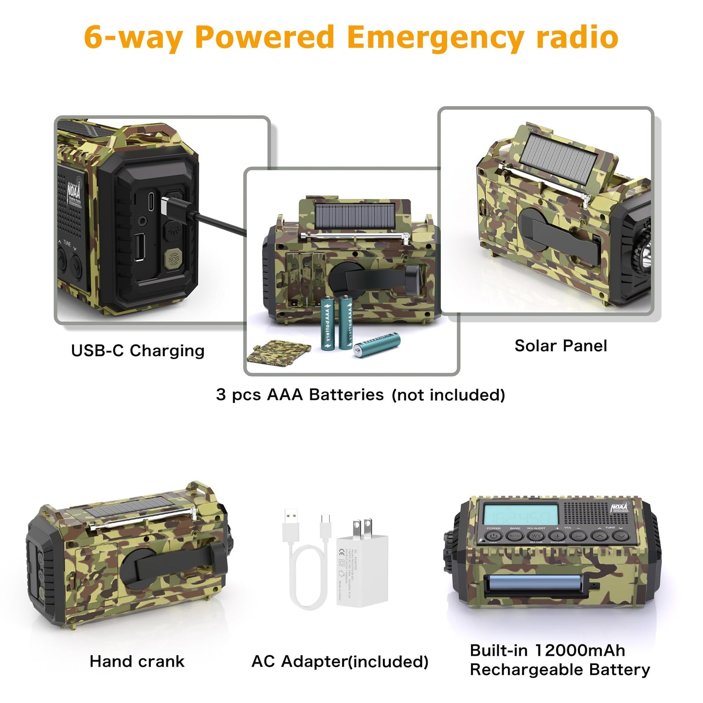 Emergency Radio with NOAA Weather Alert, Portable Solar Hand Crank AM/FM Radio for Survival,Rechargeable Battery Powered Radio,USB Charger,Flashlight,Reading Lamp,for Home Outdoor