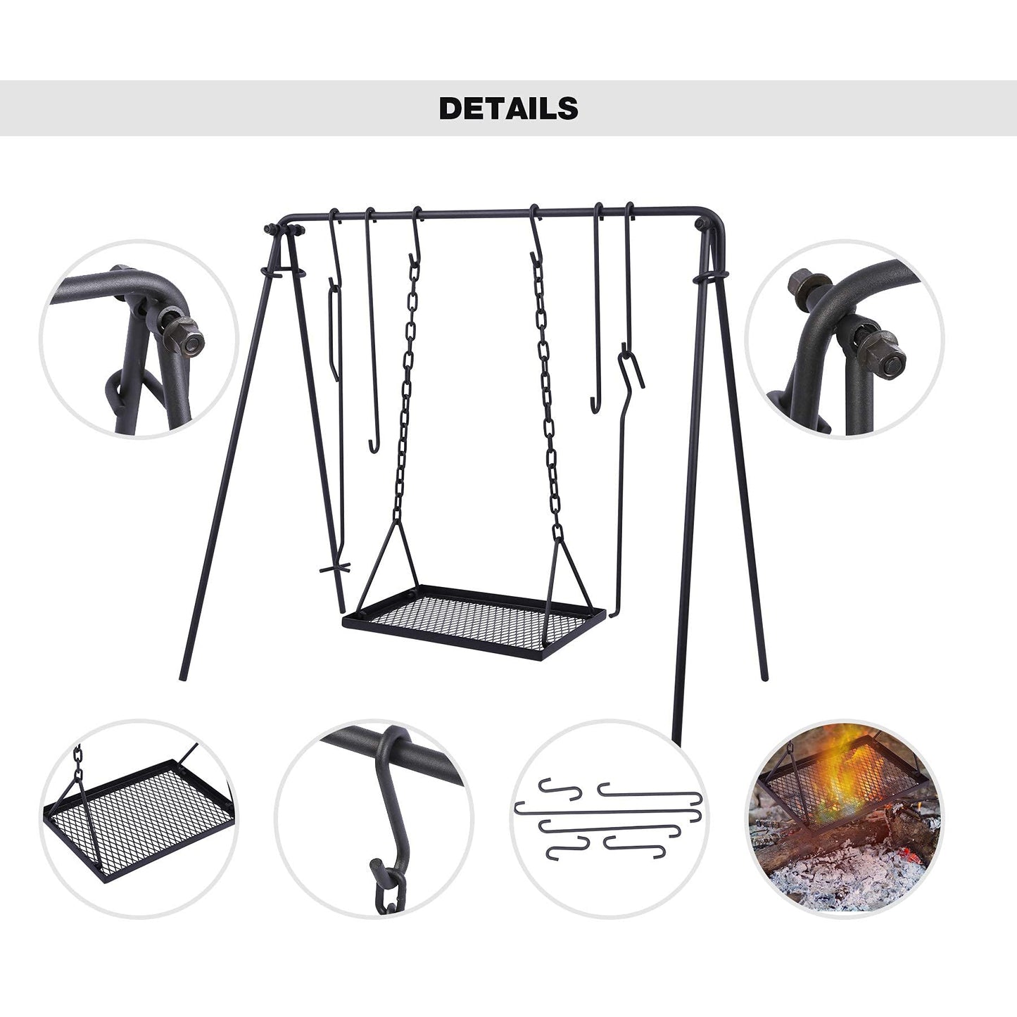 REDCAMP Grill Swing Campfire Grill Stand with Iron Grill Grate, Collapsible Campfire Cooking Rack w/6 Hooks,Portable Cookware Hanging Rack Outdoor Camping Bonfire for Cookware & Dutch Oven,Rectangle