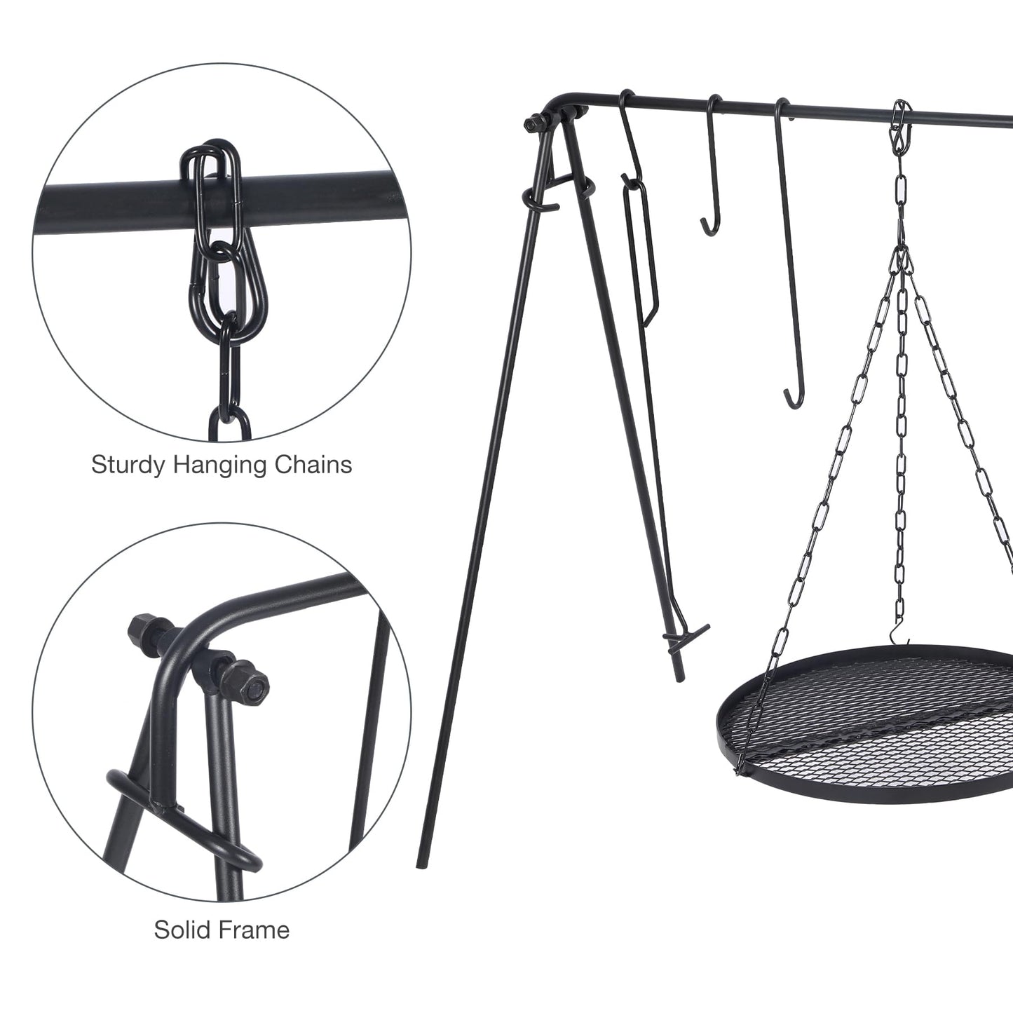 REDCAMP Grill Swing Campfire Grill Stand with Iron Grill Grate, Collapsible Campfire Cooking Rack w/6 Hooks,Portable Cookware Hanging Rack Outdoor Camping Bonfire for Cookware & Dutch Oven,Rectangle