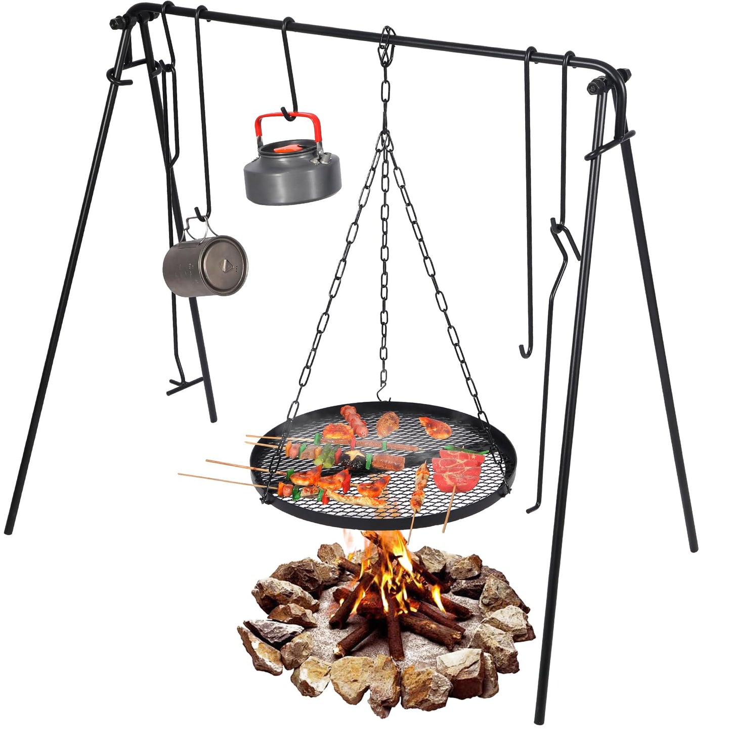 REDCAMP Grill Swing Campfire Grill Stand with Iron Grill Grate, Collapsible Campfire Cooking Rack w/6 Hooks,Portable Cookware Hanging Rack Outdoor Camping Bonfire for Cookware & Dutch Oven,Rectangle
