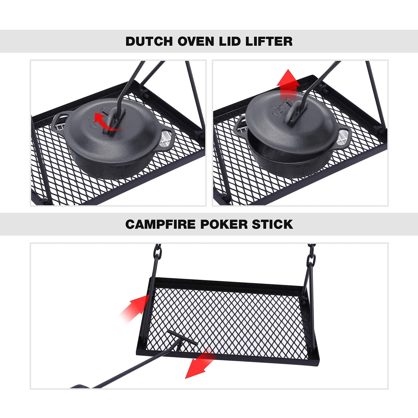 REDCAMP Grill Swing Campfire Grill Stand with Iron Grill Grate, Collapsible Campfire Cooking Rack w/6 Hooks,Portable Cookware Hanging Rack Outdoor Camping Bonfire for Cookware & Dutch Oven,Rectangle