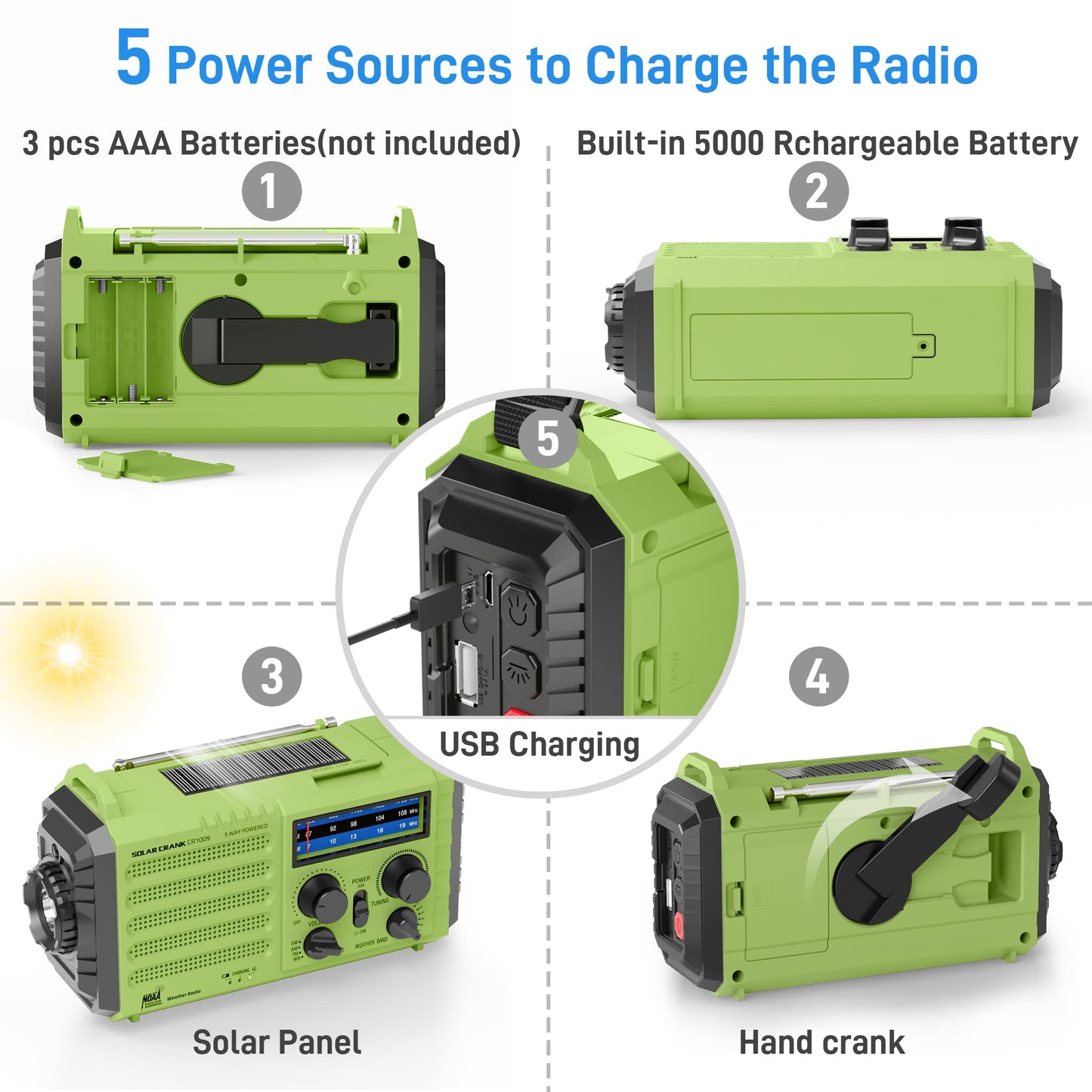 Emergency Radio with NOAA Weather Alert, Portable Solar Hand Crank AM/FM Radio for Survival,Rechargeable Battery Powered Radio,USB Charger,Flashlight,Reading Lamp,for Home Outdoor