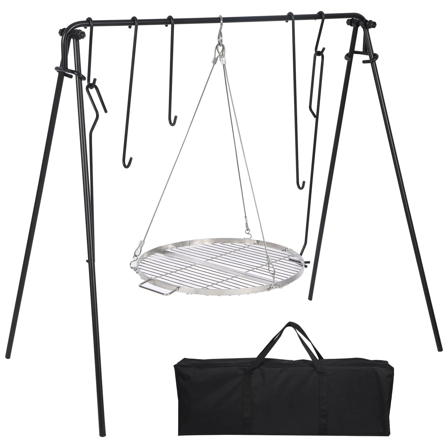 REDCAMP Grill Swing Campfire Grill Stand with Iron Grill Grate, Collapsible Campfire Cooking Rack w/6 Hooks,Portable Cookware Hanging Rack Outdoor Camping Bonfire for Cookware & Dutch Oven,Rectangle