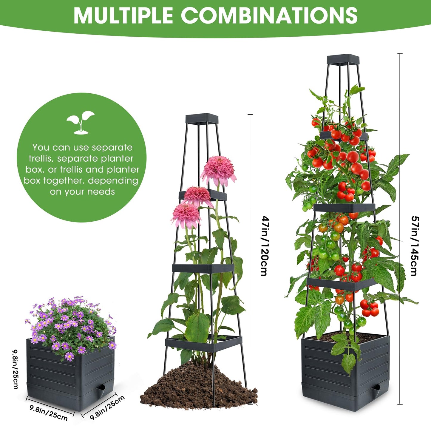 Raised Garden Bed Planter Box with Trellis, 58” Tomato Cage Planter Raised Garden Bed with Trellis for Climbing Vegetables Plants Tomato Cage w/Self-Watering, Indoor Outdoor Use (2)