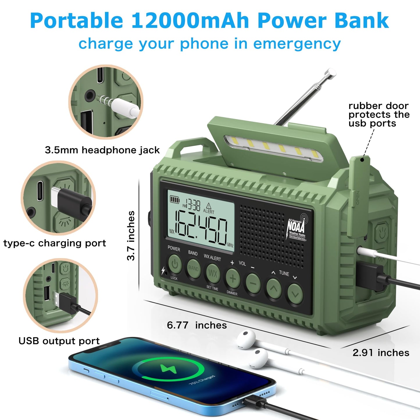 Emergency Radio with NOAA Weather Alert, Portable Solar Hand Crank AM/FM Radio for Survival,Rechargeable Battery Powered Radio,USB Charger,Flashlight,Reading Lamp,for Home Outdoor