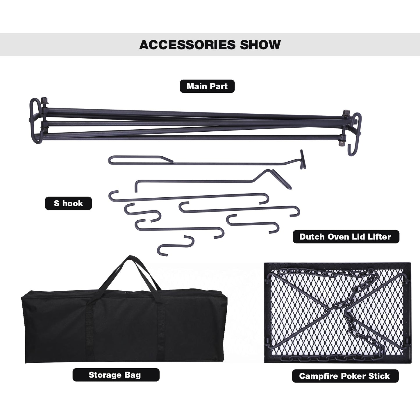 REDCAMP Grill Swing Campfire Grill Stand with Iron Grill Grate, Collapsible Campfire Cooking Rack w/6 Hooks,Portable Cookware Hanging Rack Outdoor Camping Bonfire for Cookware & Dutch Oven,Rectangle