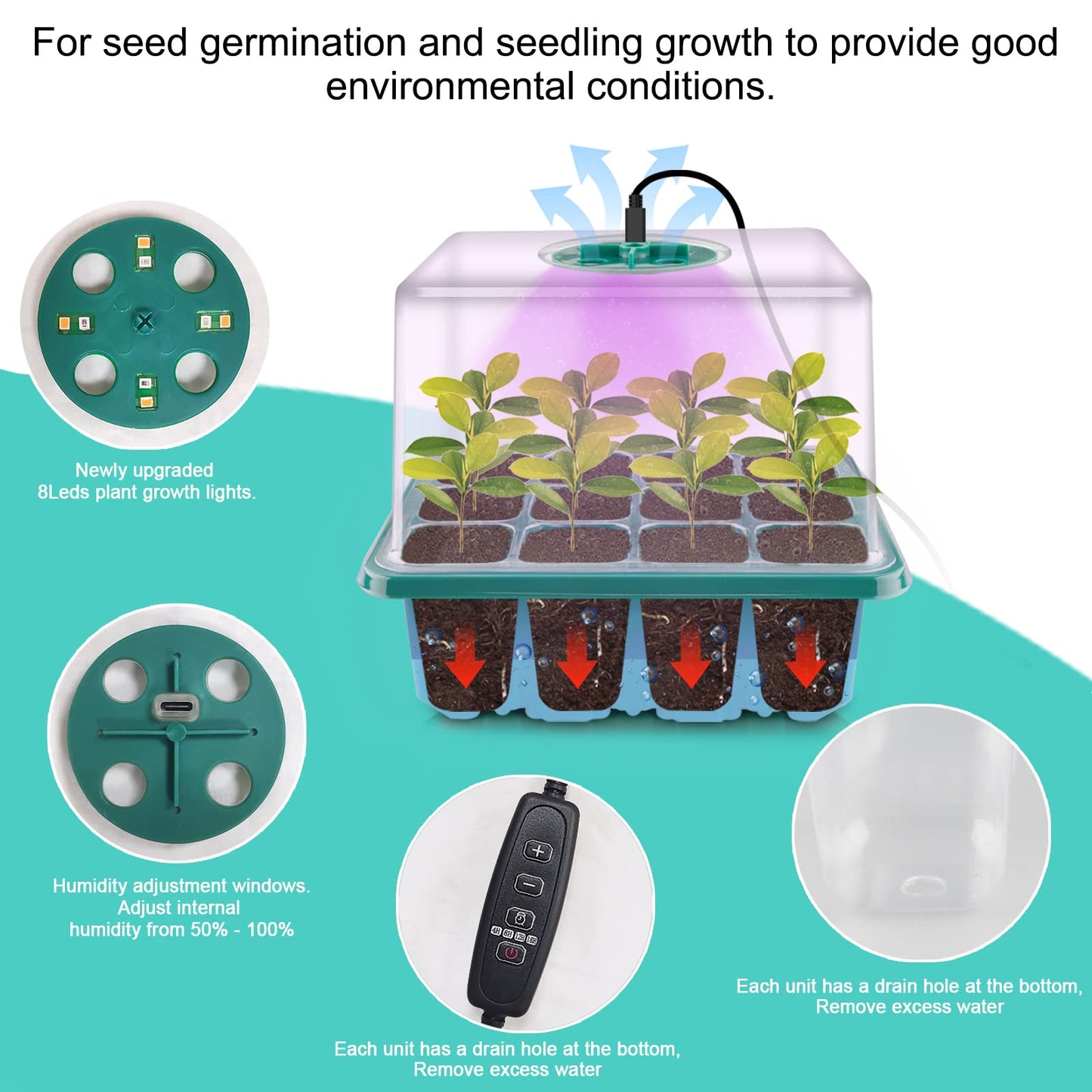 Seed Starter Tray with Grow Light, Seed Starter Kit, Plant Germination Starting Trays with Humidity Dome and Base for Greenhouse Grow Wheatgrass Hydroponic(12 Cells per Tray)(with Grow Lights)
