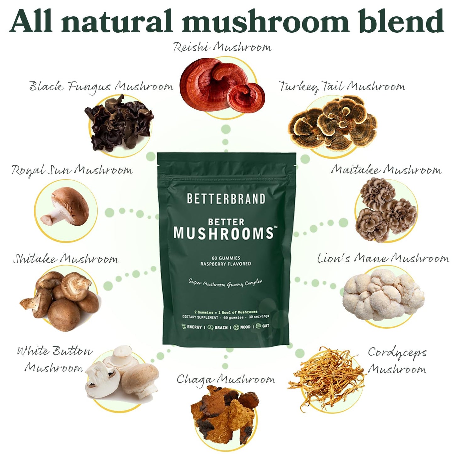 Betterbrand BetterMushrooms Mushroom Gummies to Support Gut Health, Metabolism, Energy, Focus - Lion's Mane, Cordyceps, Chaga & Maitake Mushroom Supplement - Maintains Healthy Immune System