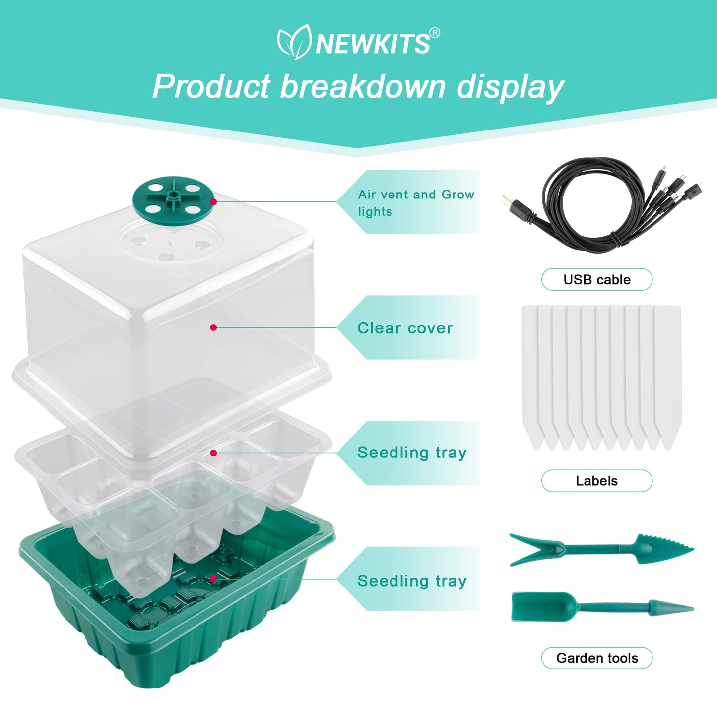 Seed Starter Tray with Grow Light, Seed Starter Kit, Plant Germination Starting Trays with Humidity Dome and Base for Greenhouse Grow Wheatgrass Hydroponic(12 Cells per Tray)(with Grow Lights)
