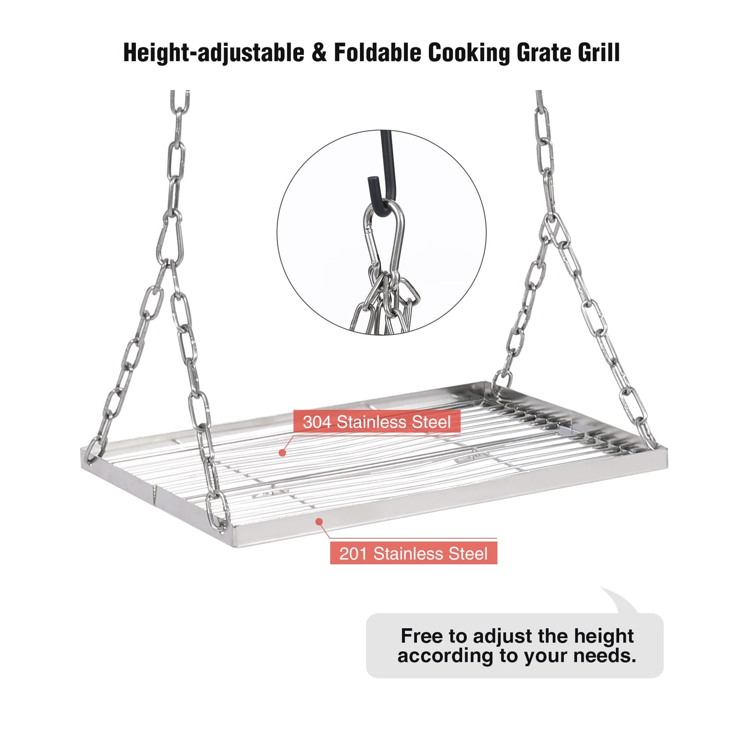 REDCAMP Grill Swing Campfire Grill Stand with Iron Grill Grate, Collapsible Campfire Cooking Rack w/6 Hooks,Portable Cookware Hanging Rack Outdoor Camping Bonfire for Cookware & Dutch Oven,Rectangle