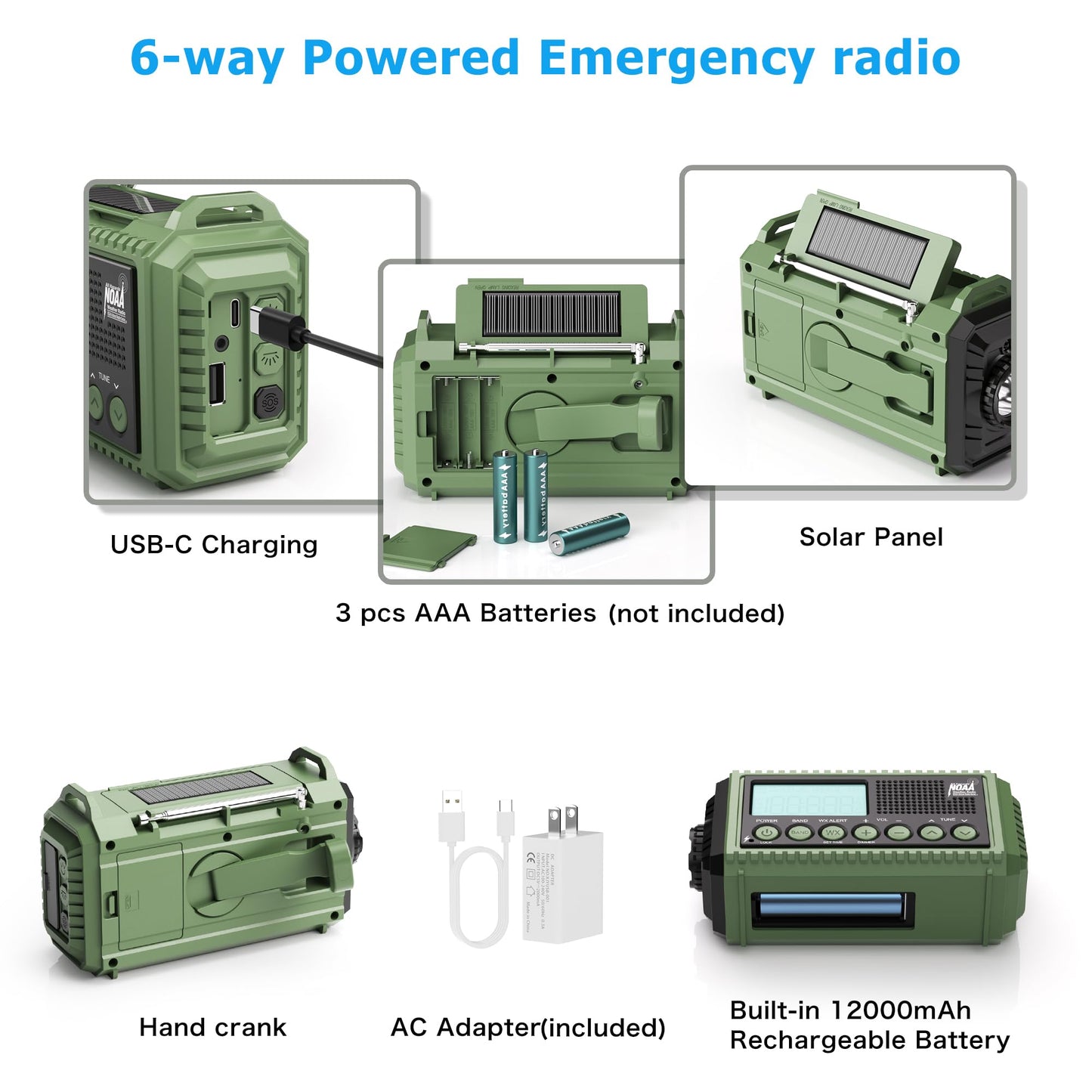 Emergency Radio with NOAA Weather Alert, Portable Solar Hand Crank AM/FM Radio for Survival,Rechargeable Battery Powered Radio,USB Charger,Flashlight,Reading Lamp,for Home Outdoor