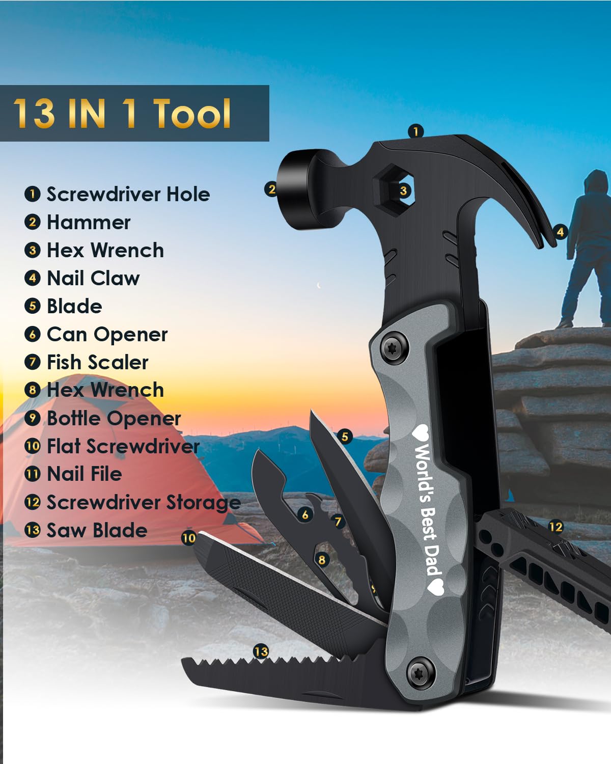 Multitool Camping Accessories Stocking Stuffers for Men Dad Gifts, 13 In 1 Survival Multi Tools Hammer Christmas Cool Gadgets for Adults Him Boyfriend Husband Grandpa Women Birthday Valentines Fathers