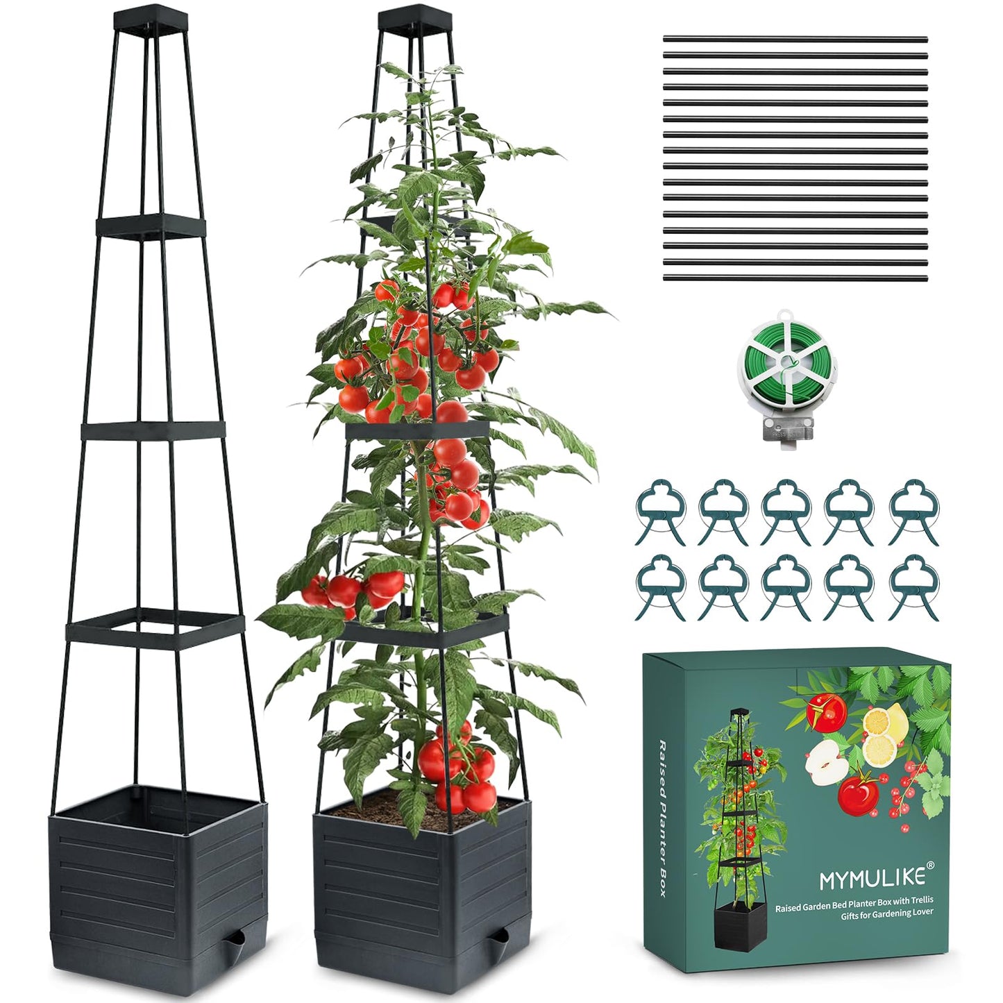 Raised Garden Bed Planter Box with Trellis, 58” Tomato Cage Planter Raised Garden Bed with Trellis for Climbing Vegetables Plants Tomato Cage w/Self-Watering, Indoor Outdoor Use (2)
