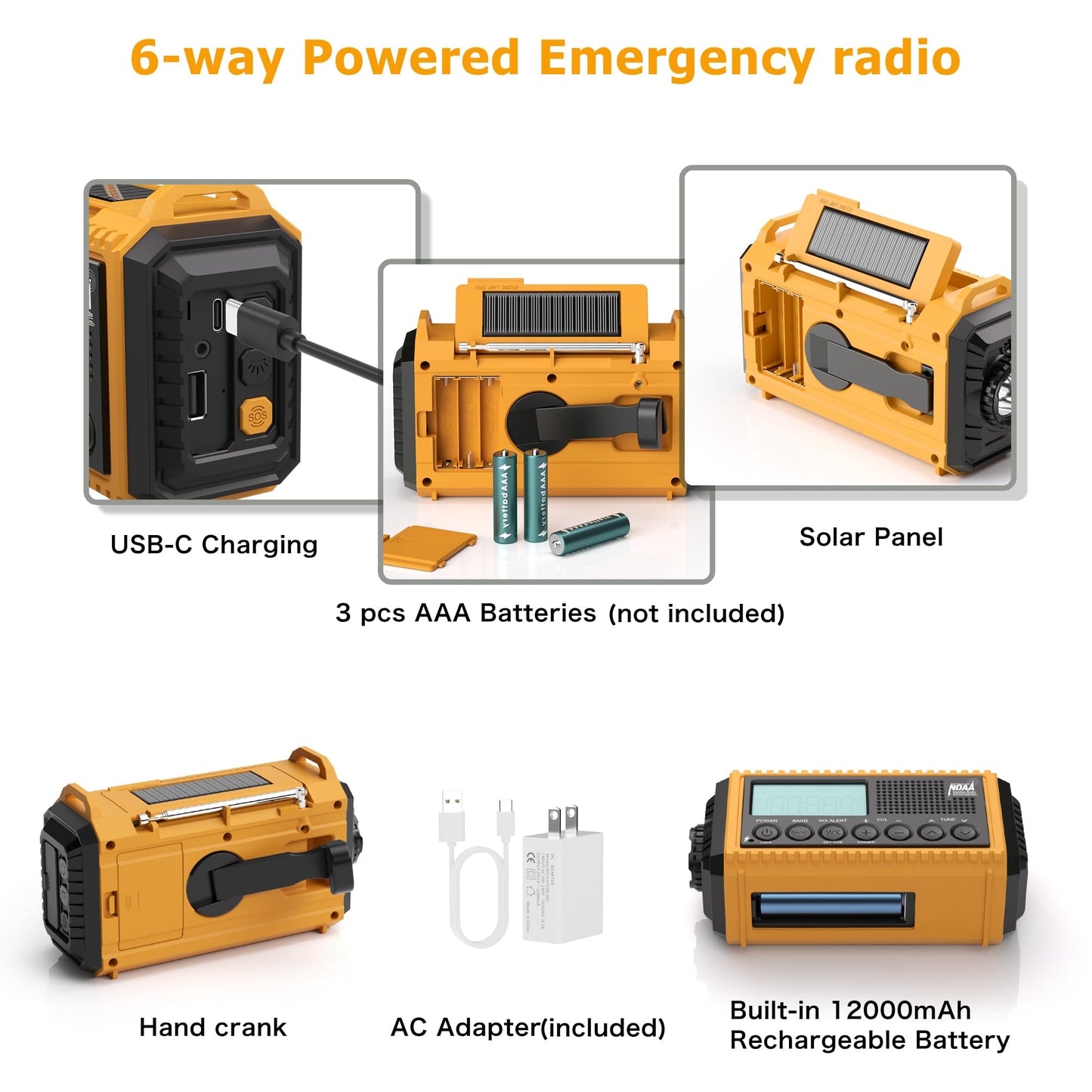 Emergency Radio with NOAA Weather Alert, Portable Solar Hand Crank AM/FM Radio for Survival,Rechargeable Battery Powered Radio,USB Charger,Flashlight,Reading Lamp,for Home Outdoor