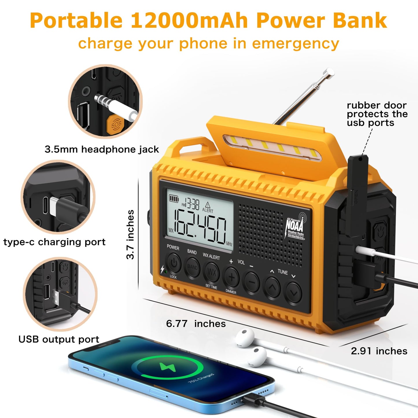 Emergency Radio with NOAA Weather Alert, Portable Solar Hand Crank AM/FM Radio for Survival,Rechargeable Battery Powered Radio,USB Charger,Flashlight,Reading Lamp,for Home Outdoor