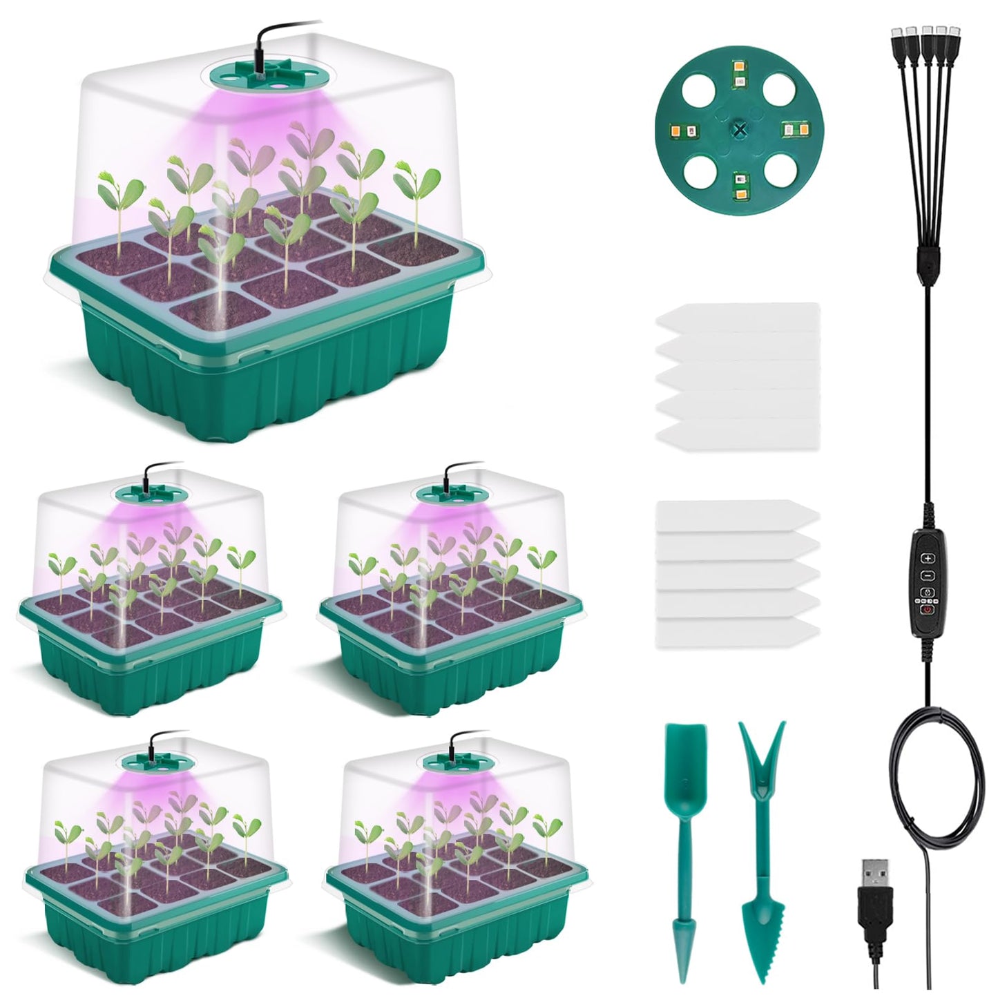 Seed Starter Tray with Grow Light, Seed Starter Kit, Plant Germination Starting Trays with Humidity Dome and Base for Greenhouse Grow Wheatgrass Hydroponic(12 Cells per Tray)(with Grow Lights)