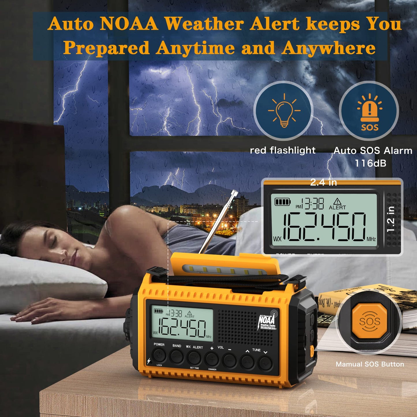 Emergency Radio with NOAA Weather Alert, Portable Solar Hand Crank AM/FM Radio for Survival,Rechargeable Battery Powered Radio,USB Charger,Flashlight,Reading Lamp,for Home Outdoor