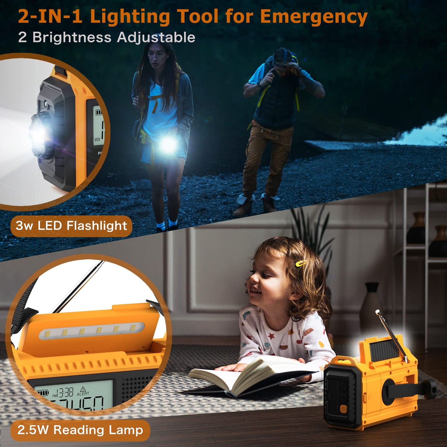 Emergency Radio with NOAA Weather Alert, Portable Solar Hand Crank AM/FM Radio for Survival,Rechargeable Battery Powered Radio,USB Charger,Flashlight,Reading Lamp,for Home Outdoor