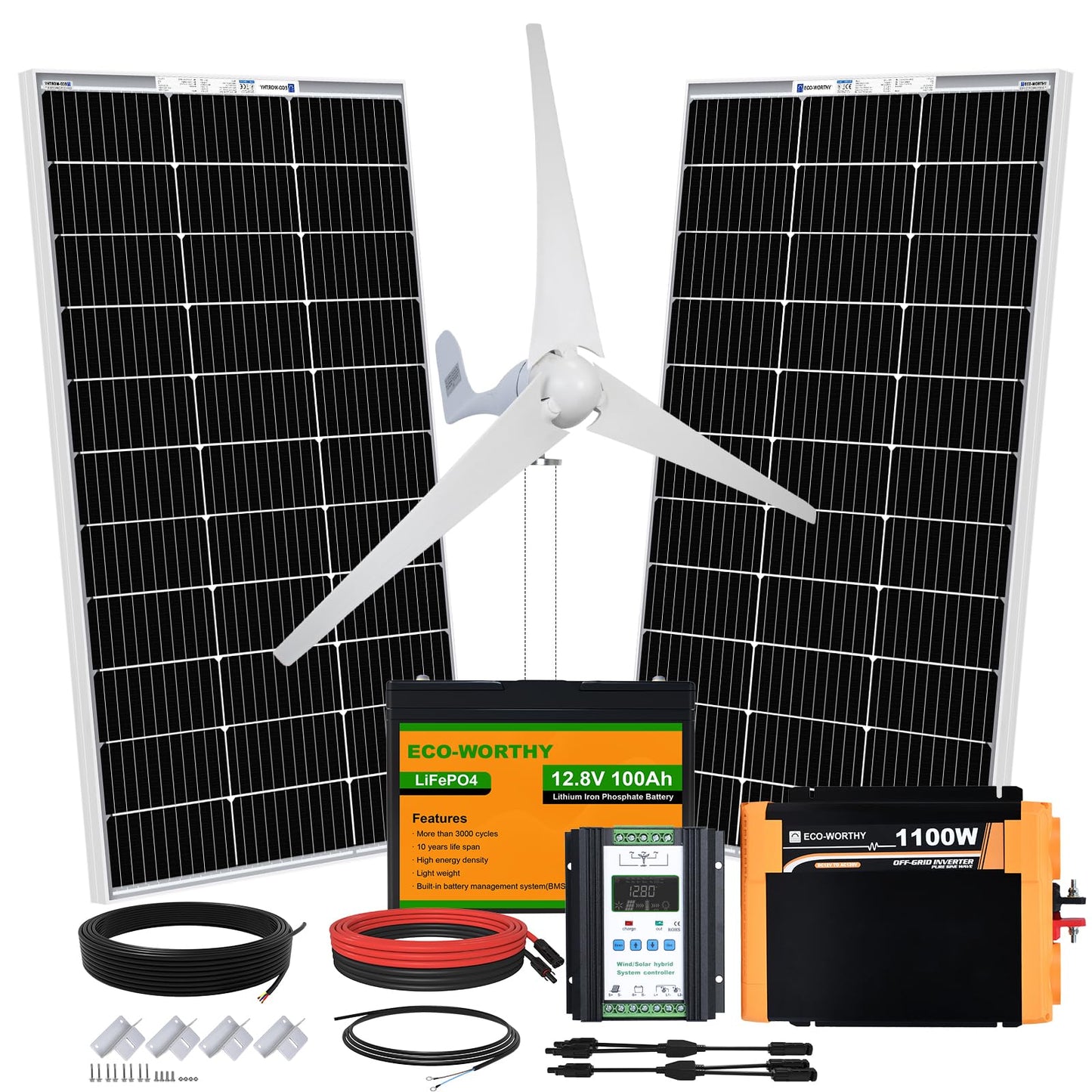 ECO-WORTHY 1000W 4KWH Solar Wind Power Kit: 1*400W Wind Turbine + 6*100W Solar Panel + 2*12V 100Ah Lithium Battery + 1*24V 3000W Inverter for Home/RV/Boat/Farm/Street Light and Off-Grid Appliances