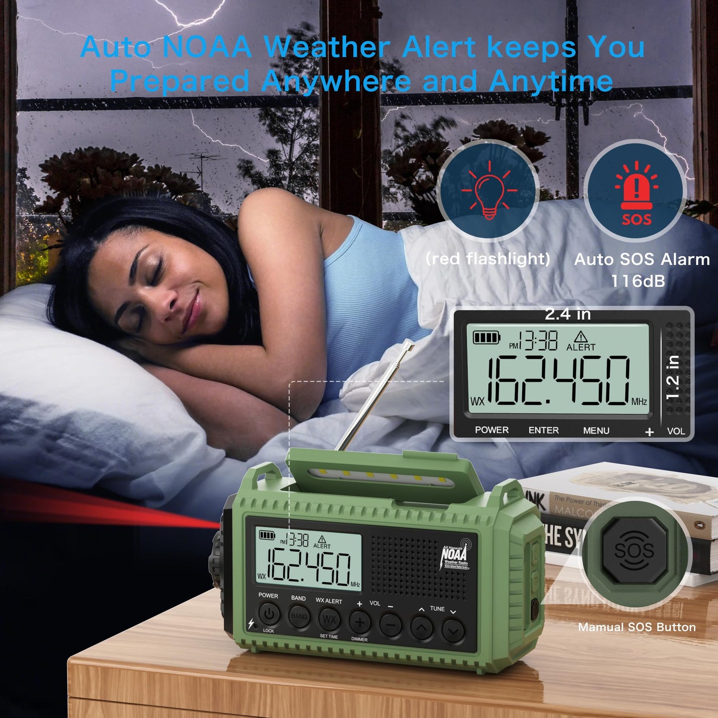 Emergency Radio with NOAA Weather Alert, Portable Solar Hand Crank AM/FM Radio for Survival,Rechargeable Battery Powered Radio,USB Charger,Flashlight,Reading Lamp,for Home Outdoor