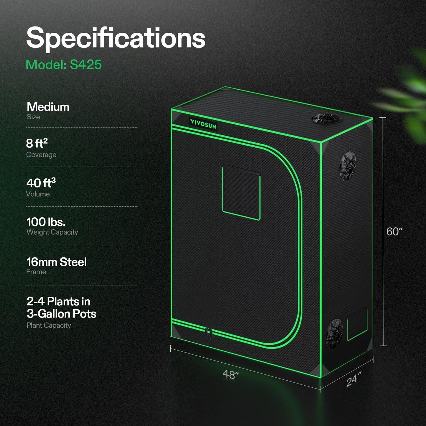 VIVOSUN S425 4x2 Grow Tent, 48"x24"x60" High Reflective Mylar with Observation Window and Floor Tray for Hydroponics Indoor Plant for VS2000
