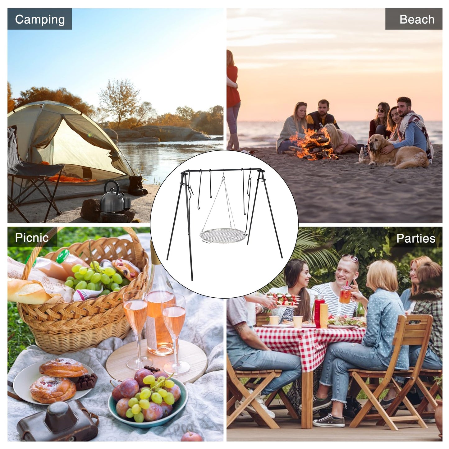 REDCAMP Grill Swing Campfire Grill Stand with Iron Grill Grate, Collapsible Campfire Cooking Rack w/6 Hooks,Portable Cookware Hanging Rack Outdoor Camping Bonfire for Cookware & Dutch Oven,Rectangle