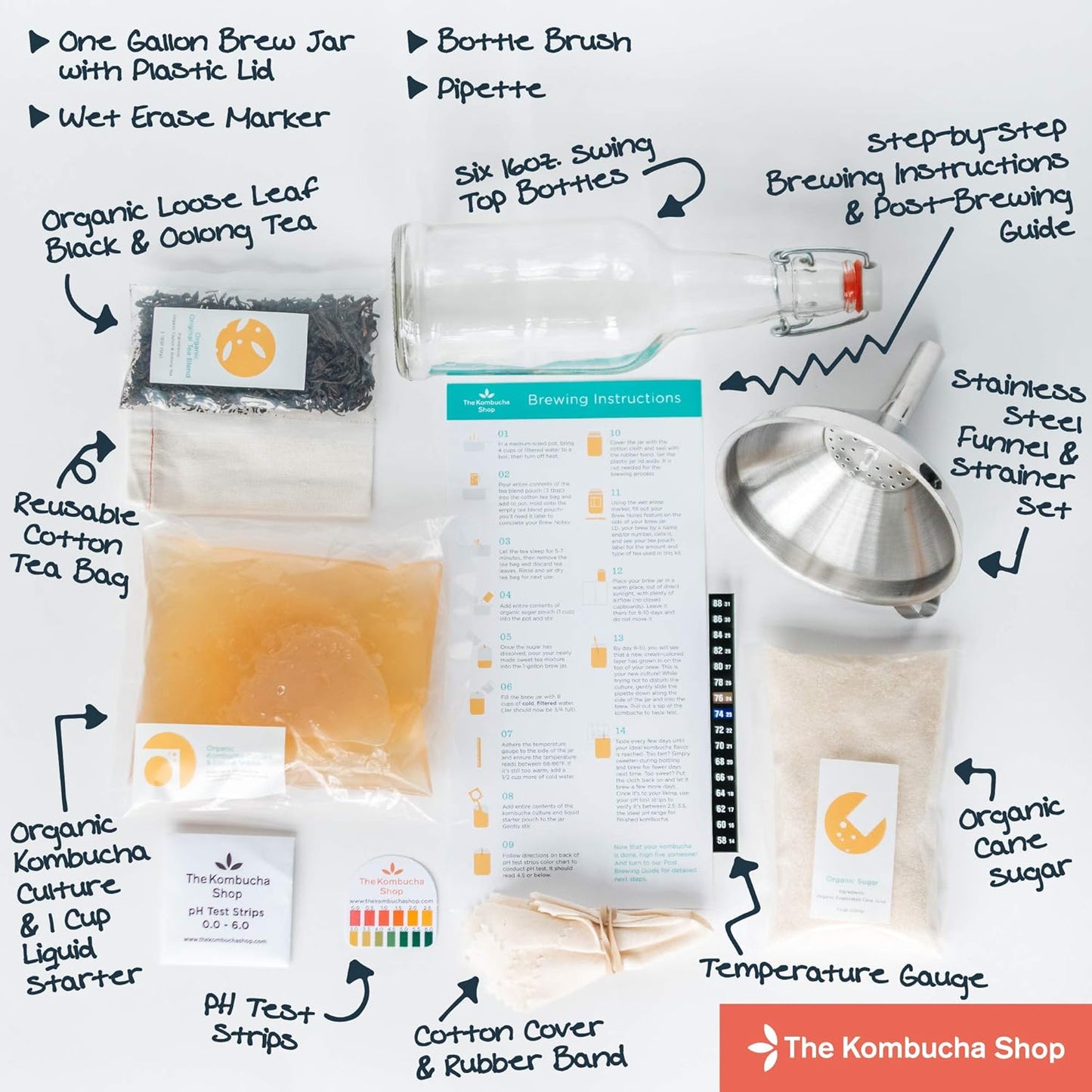 Deluxe Organic Kombucha Starter Kit - Six Swing Top Bottles, Stainless Steel Funnel, Custom Bottle Brush & Our Original Brewing Kit - The Kombucha Shop