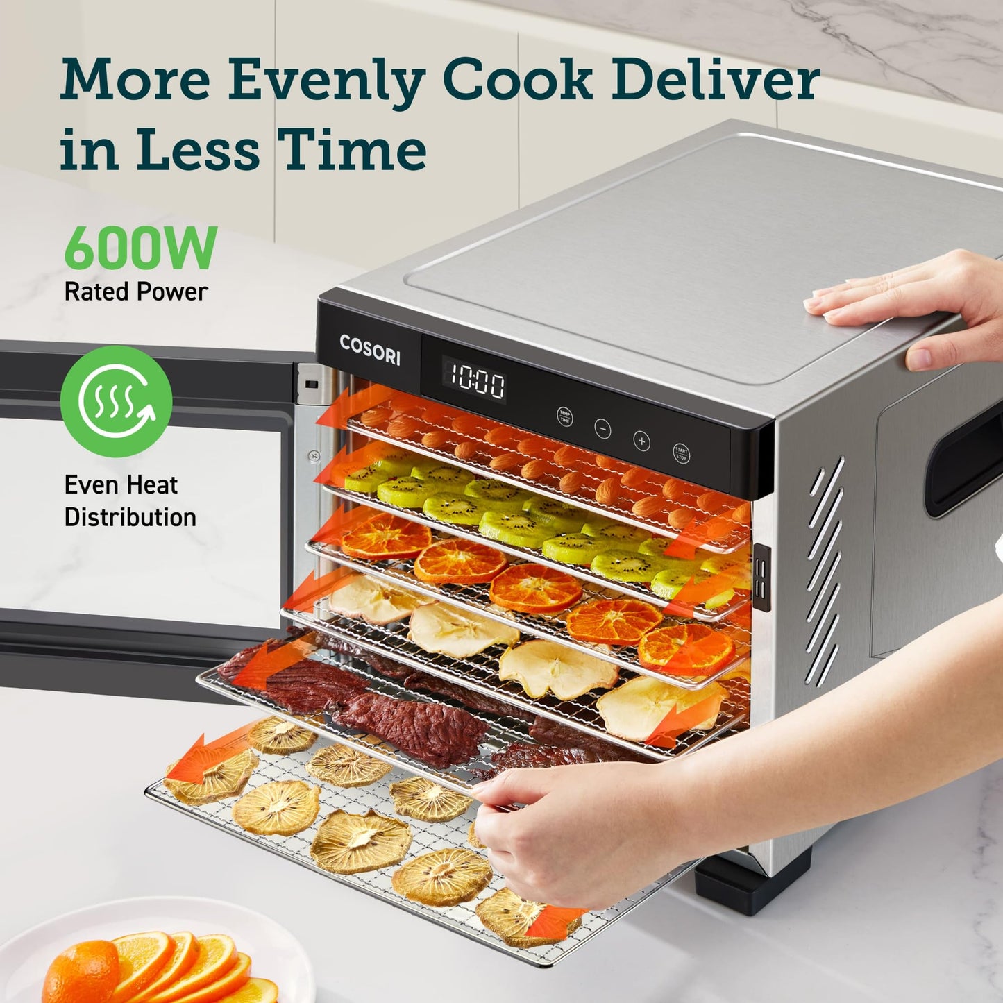 COSORI Food Dehydrator, Bigger Than 7 Trays With Large 6.5" Drying Space, 600W Power Saves More Time Than 480W, 165Β°F Dehydrated Dryer for Jerky, Dog Treats, Herbs, Meat, Fruit, and Yogurt, Silver