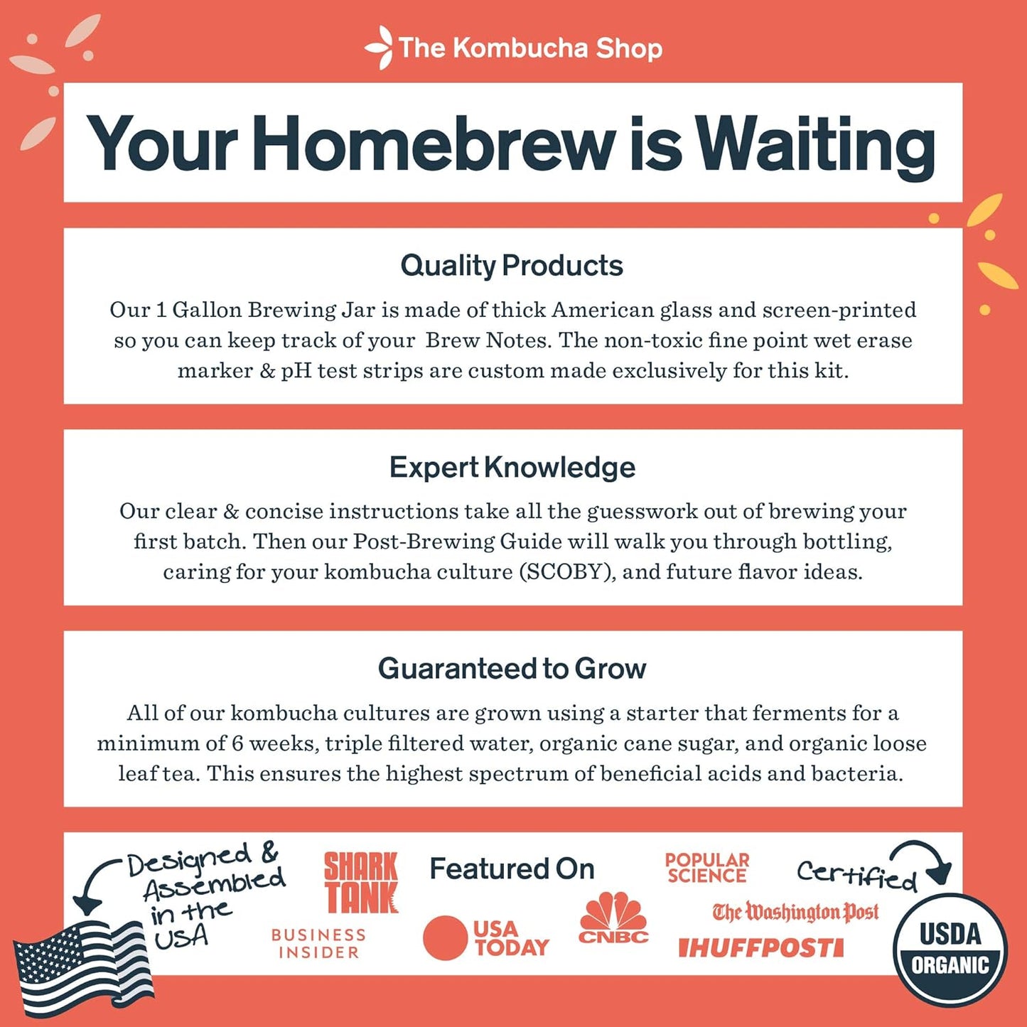 Deluxe Organic Kombucha Starter Kit - Six Swing Top Bottles, Stainless Steel Funnel, Custom Bottle Brush & Our Original Brewing Kit - The Kombucha Shop