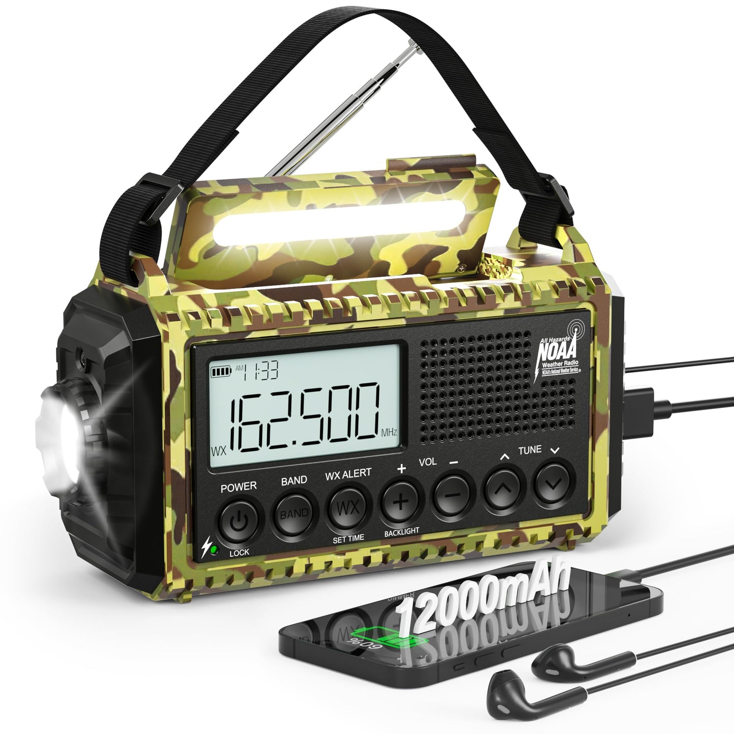 Emergency Radio with NOAA Weather Alert, Portable Solar Hand Crank AM/FM Radio for Survival,Rechargeable Battery Powered Radio,USB Charger,Flashlight,Reading Lamp,for Home Outdoor